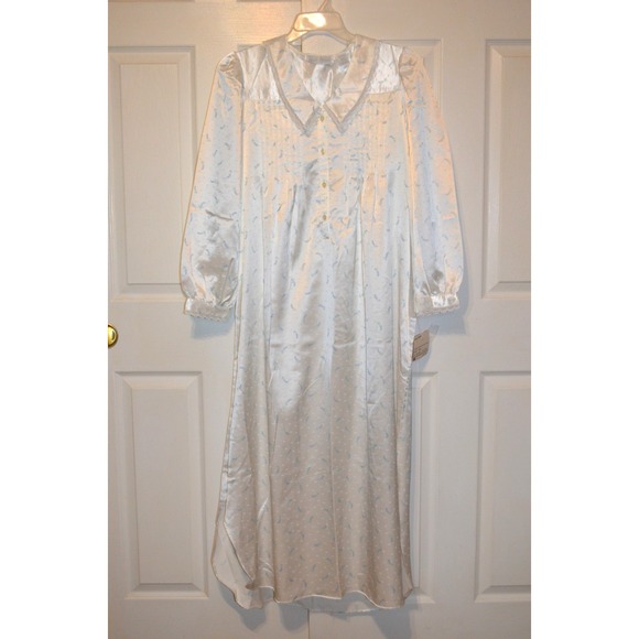 Jean Alison Nwt's Satin Long Gown‎ Nightgown Blue Floral Pin Tuck Women's M - Picture 4 of 16